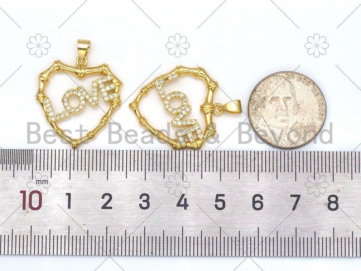 CZ Micro Pave Love On Heart Shape with Bamboo Frame Pendant,18K Gold Filled Heart Charm, Necklace Bracelet Charm Pendant,23x26mm,Sku#LK384