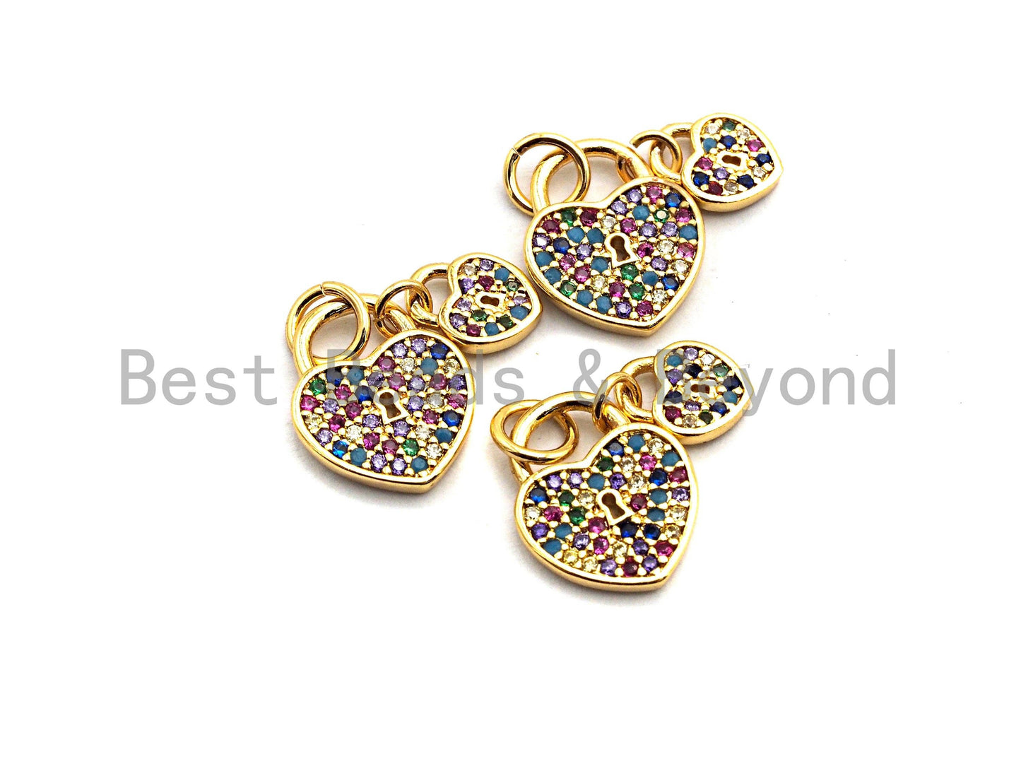 CZ Colorful Micro Pave Big heart Small Heart Lock Pendant, Heart Shaped Pave Pendant, Gold plated, 10x13mm, Sku#F825C