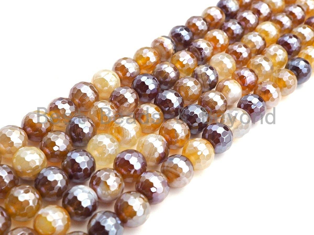Mystic Plated Faceted Agate Beads, 6mm/8mm/10mm, Plated Champagne Brown Banded Agate Beads,15.5" Full Strand, SKU#UA79
