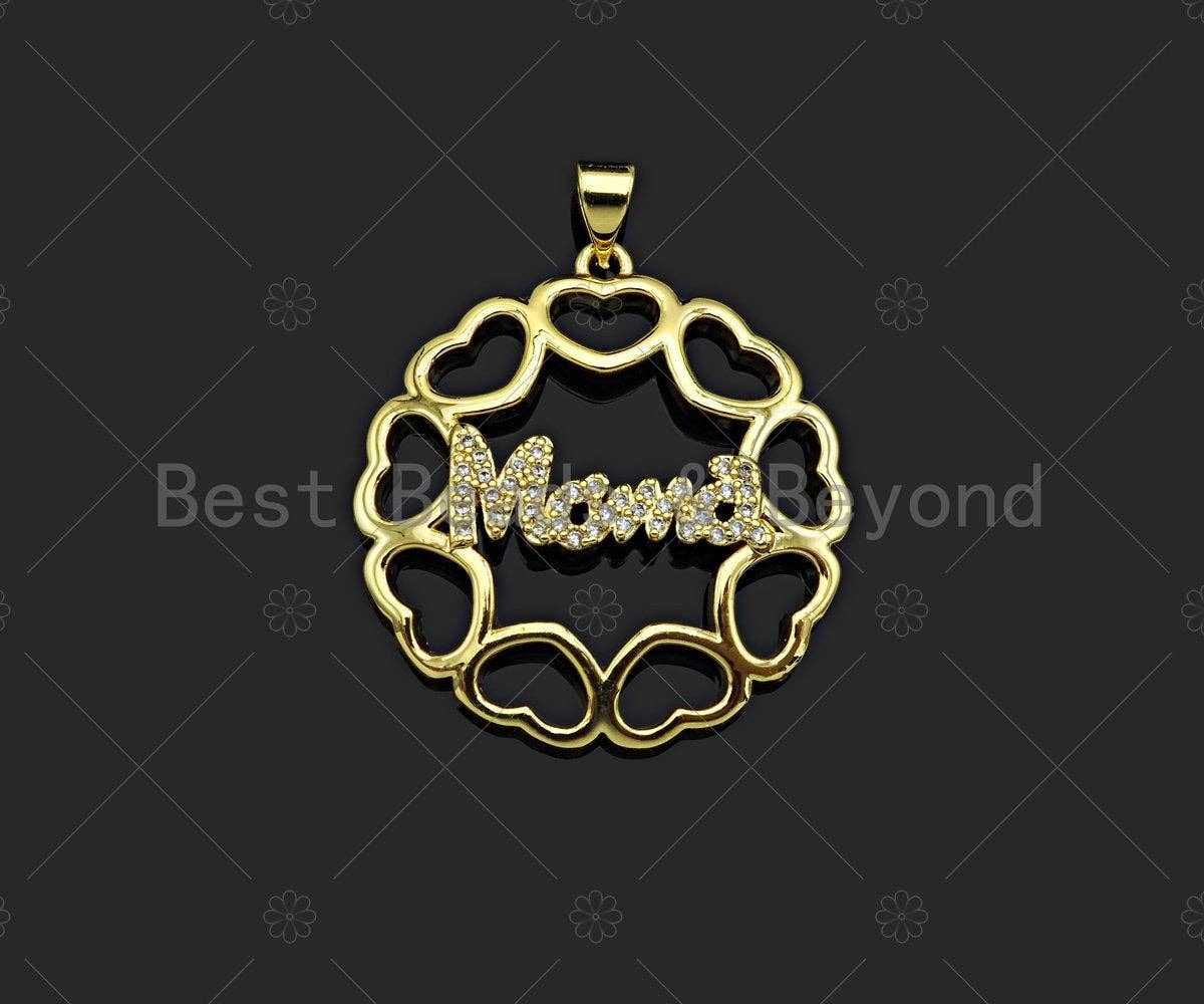 Gold Filled CZ Micro Pave Mama On Heart Round Ring Shape Pendant,18K Gold Filled Charm, Mother's Day,Necklace Pendant,28x30mm,Sku#LD124
