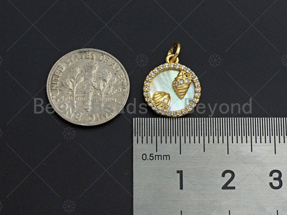 18K Gold CZ Micro Pave Sea Shell Inlay Charm, Mother-of-pearl Seashell Pendant Charm, Cubic Zirconia Charm, 12mm, sku#Z1128