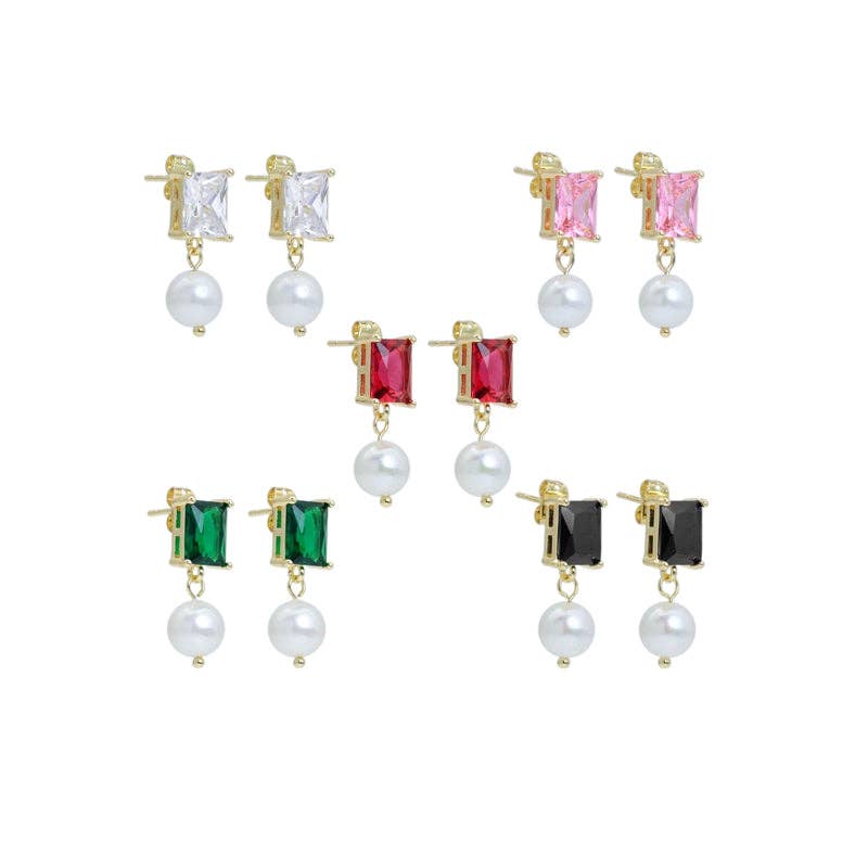 Rectangle Crystal Pearl Earrings, Sku#ZX209