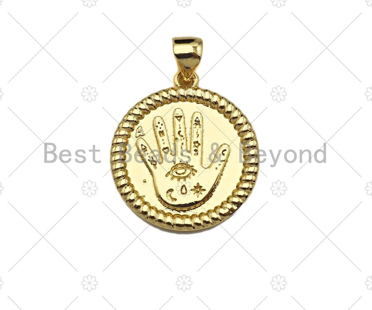 Dainty Gold Evil Eye Hand On Round Coin Shape Charms, Dainty Charms, Gold Pendant, Round Coin Necklace Charms, 18x20mm, Sku#LK170