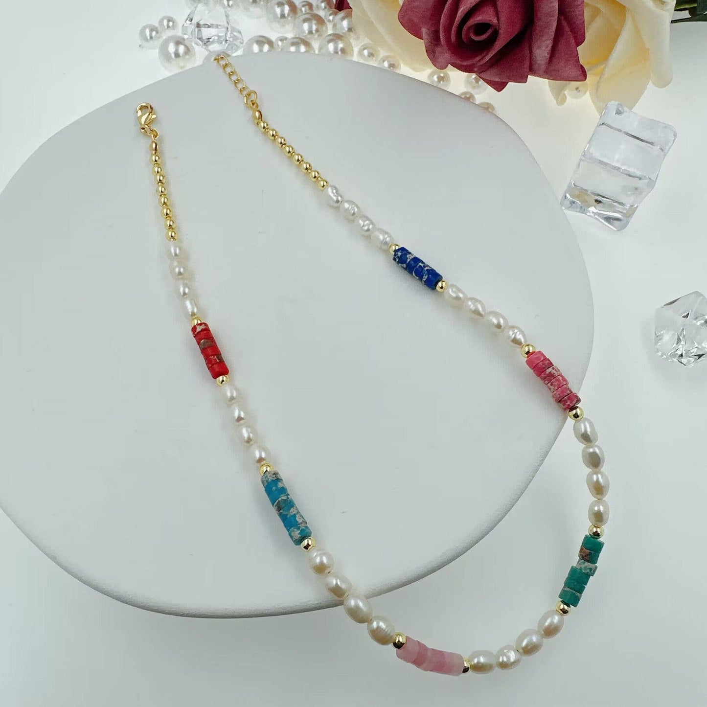Colorful Gemstone with Freshwater pearl necklace, sku#EF555
