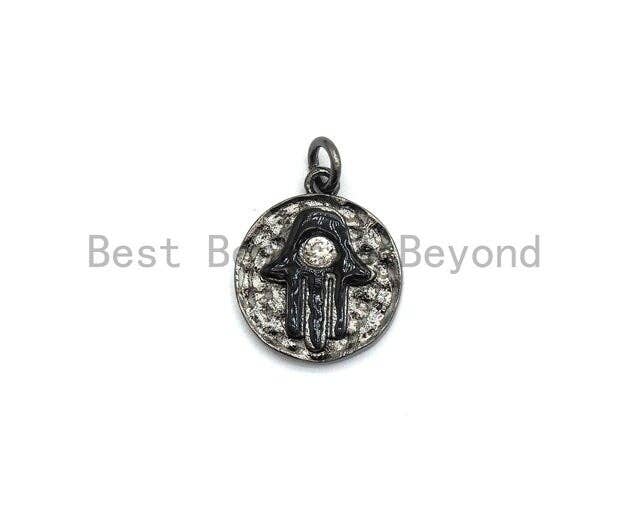 CZ Micro Pave Enamel Round With Hamsa Hand Pendant/Charm,Cubic Zirconia Pendant,Fashion Jewelry Findings, 15x17mm, sku#Z256