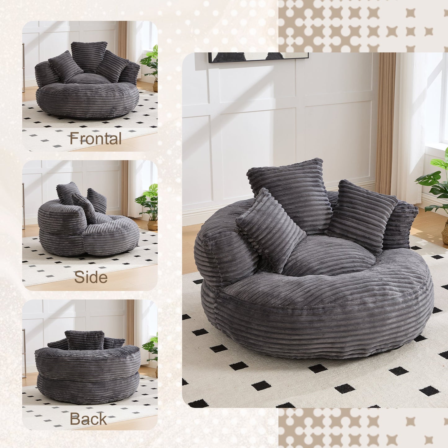 Single Bean Bag Chair with Pillows & Armrest