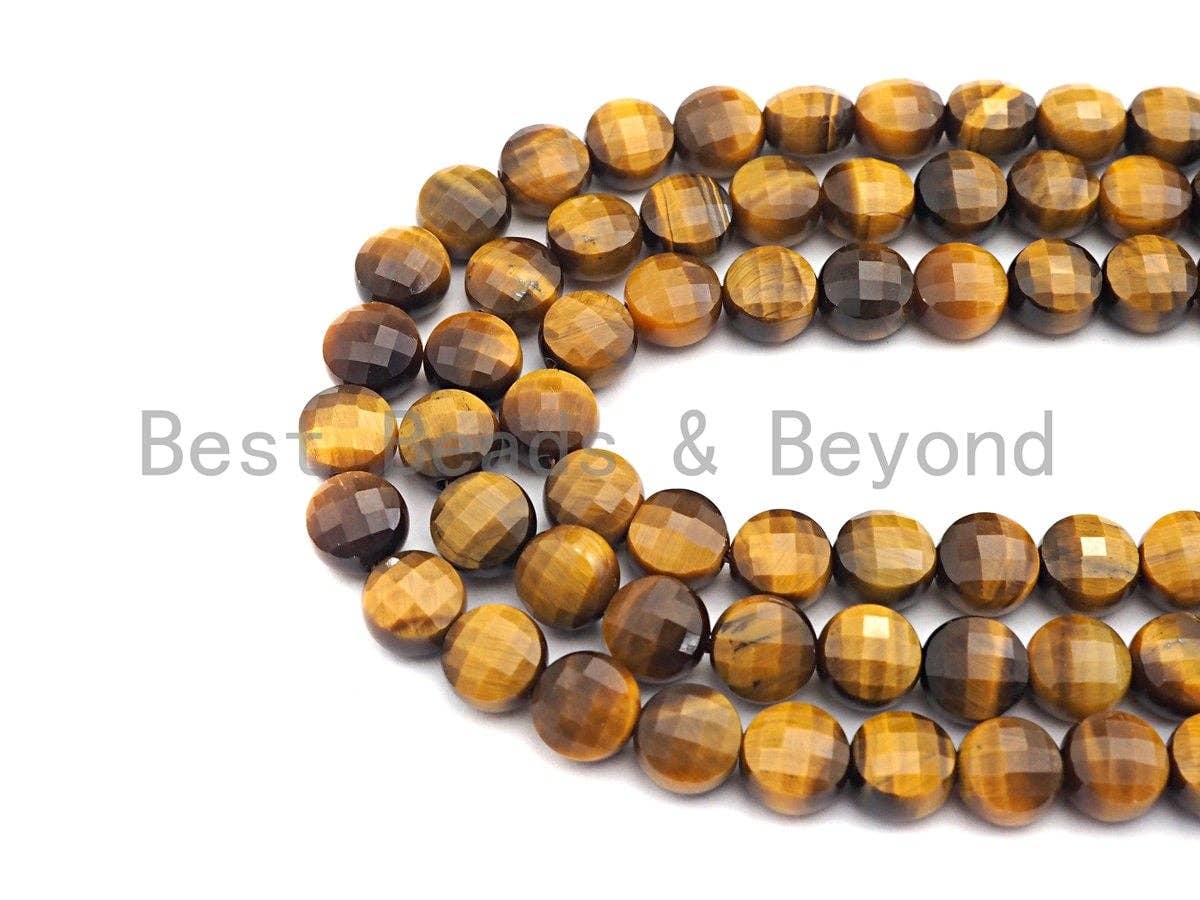 High Quality Natural Yellow Tiger Eye Checkerboard Cut Coin Shape Beads, 6mm/8mm/10mm Turtle Shell Cut Tiger Eye, 16" Full strand, Sku#U576