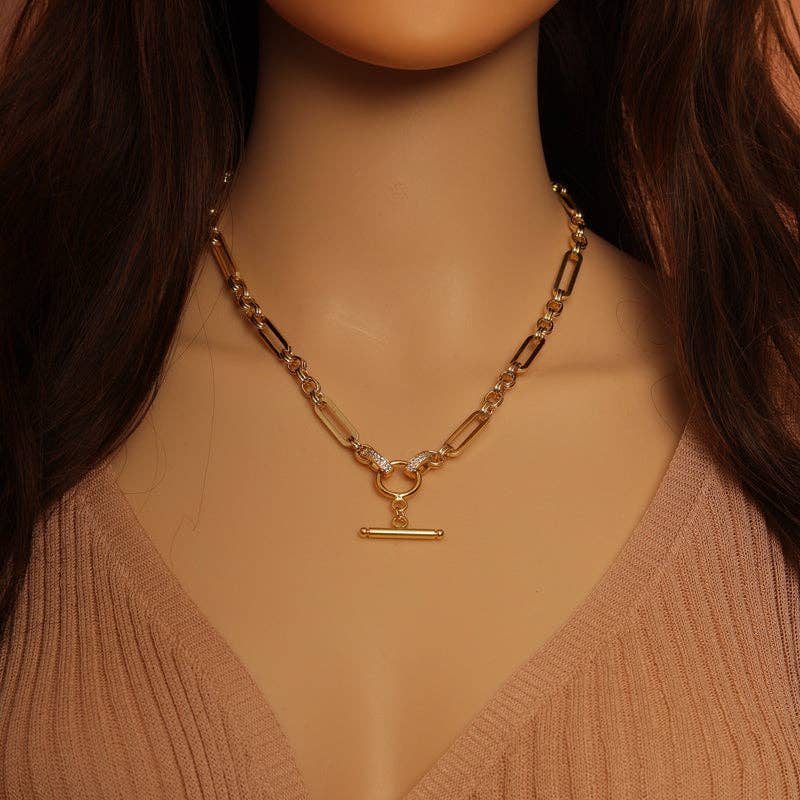 Gold Long Mixed Paperclip Chain OT Bar Adjustable Necklace,s