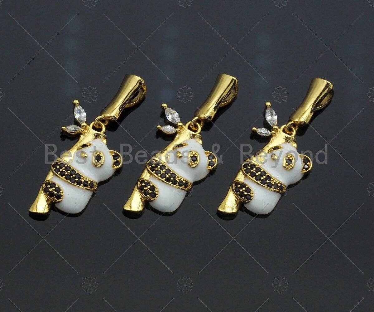 CZ Micro Pave Pandas on Bamboo Pendant/Charm,Panda Charm, Panda pendant, Cubic Zirconia Pendant, 15x22mm,Sku#LK113