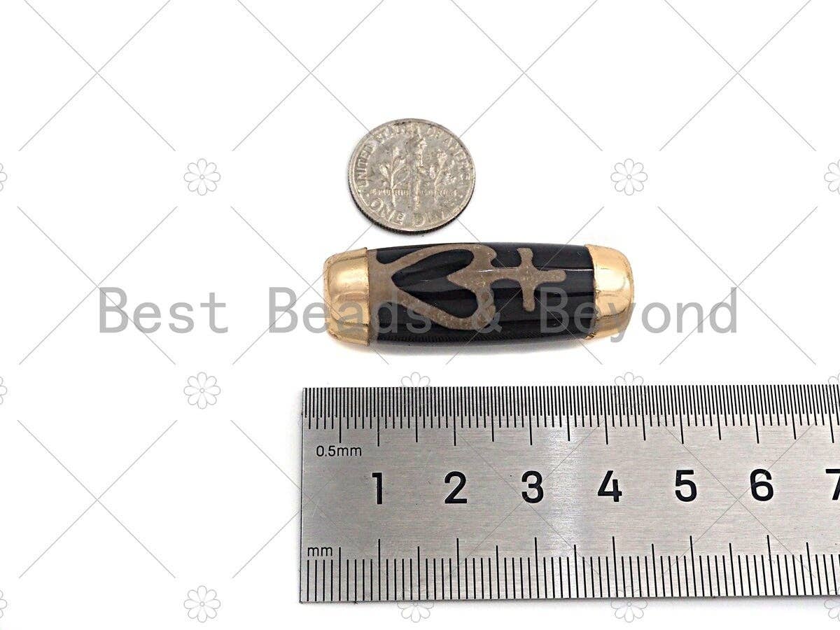 16x39mm Large Natural Tibetan Agate Gold Finish Barrel Shape Spacer Beads, Oval Tibetan Agate Beads, sku#U950