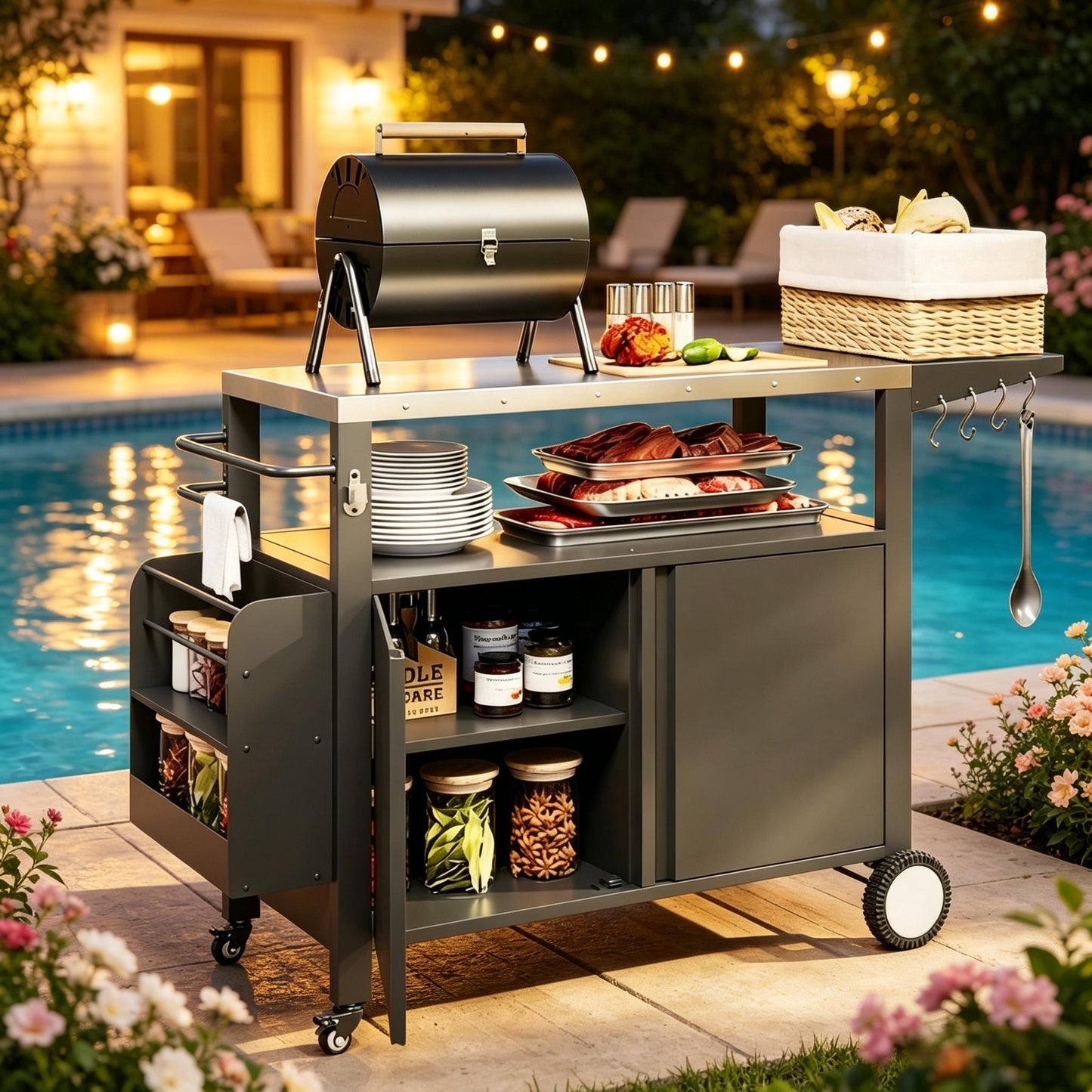 Convenient Kitchen Island & Movable Grill Cart Table