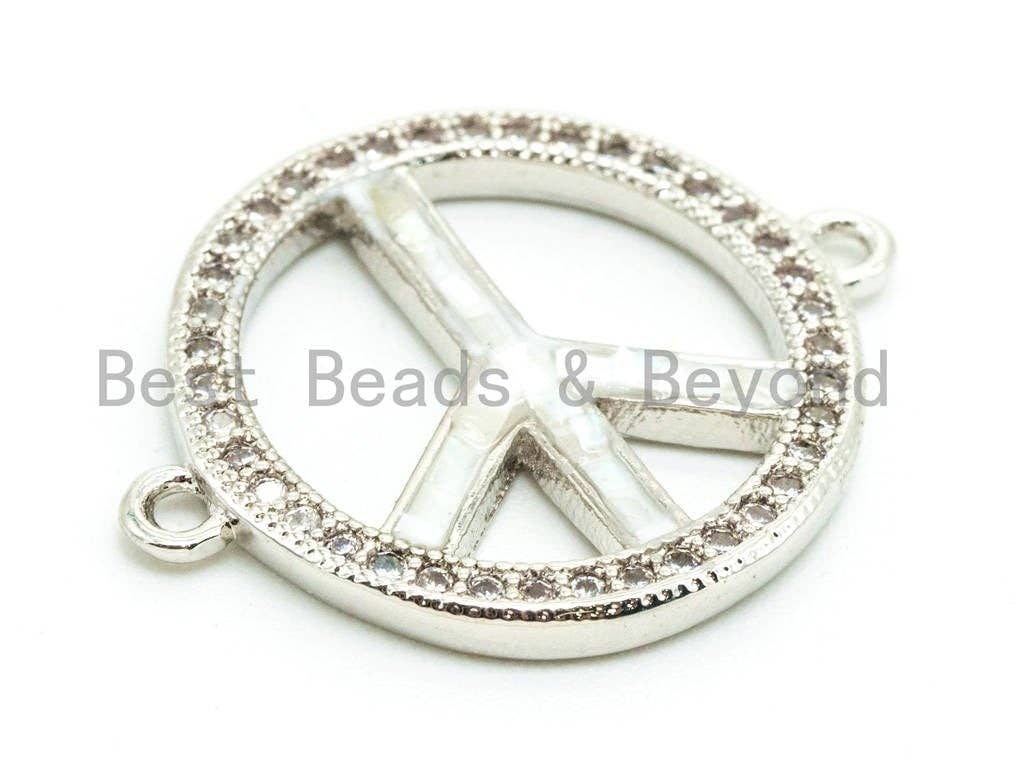 CZ Micro Pave Sign Peace Sign Connector with Mop Shell, Cubic Zirconia Space Connector, CZ mother of pearl Charm 18x23mm, 1pc,SKU#Z31