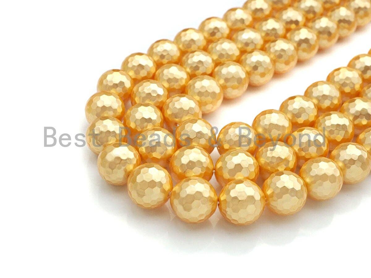 Quality Gold Mother of Pearl beads, 8mm/10mm/12mm Pearl Faceted Round beads, Golden Loose Faceted Pearl Shell Beads, 15.5inch strand, T153
