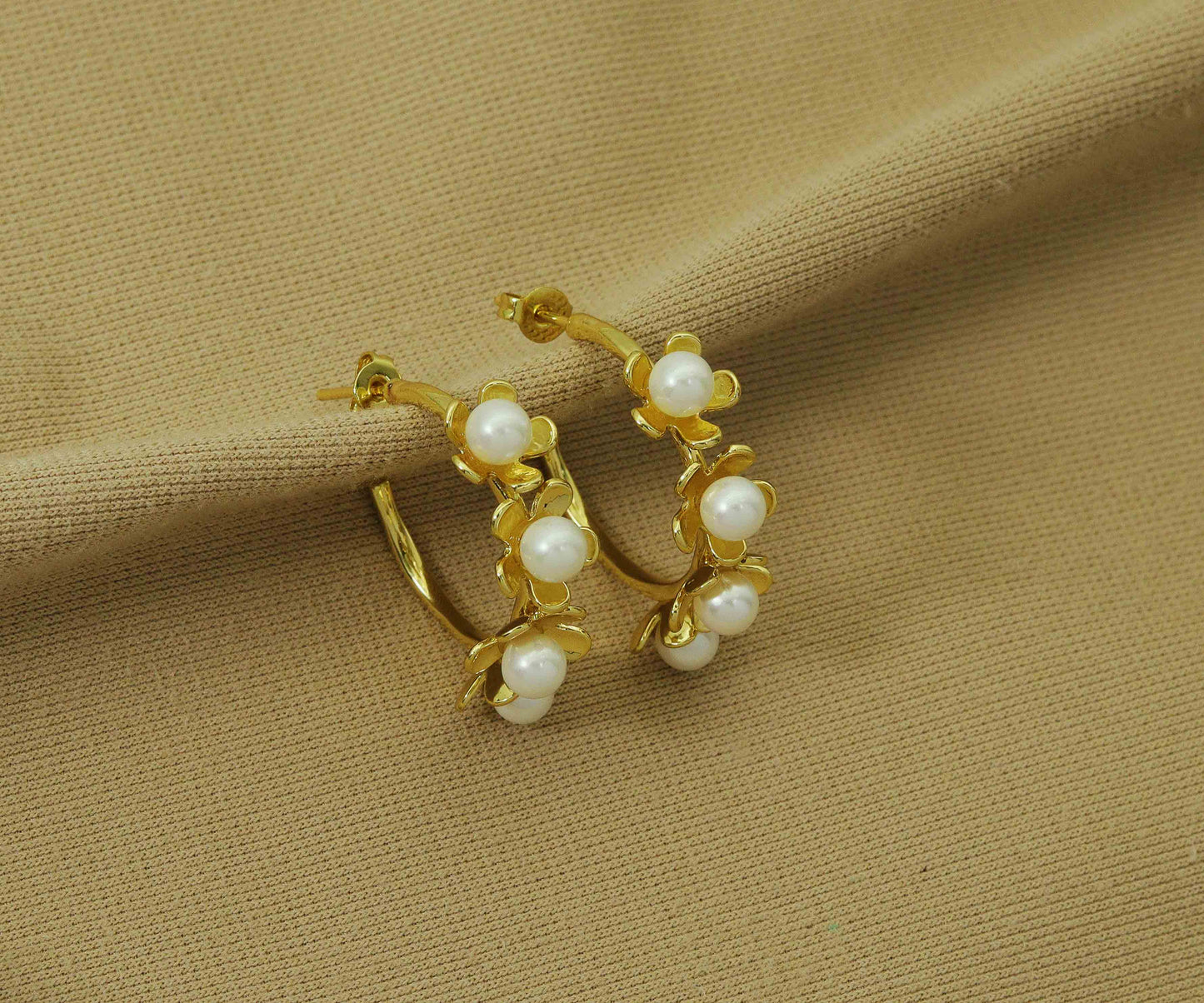 Gold Pearl Huggie Earrings, Sku#J349