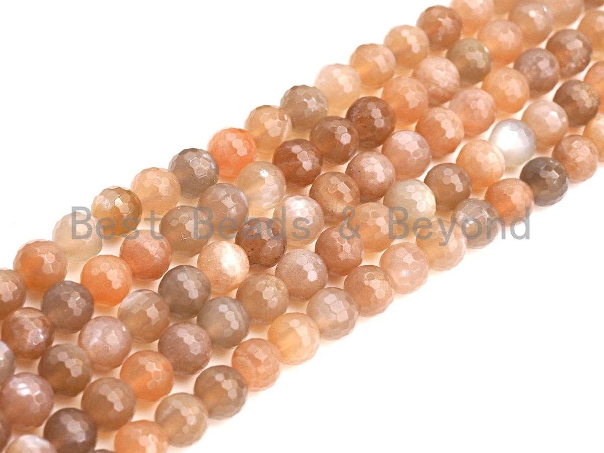 Mystic High Quality Natural Peach Moonstone, 8mm/10mm/12mm Moonstone Round Faceted, 15.5" Full Strand, Sku#U724