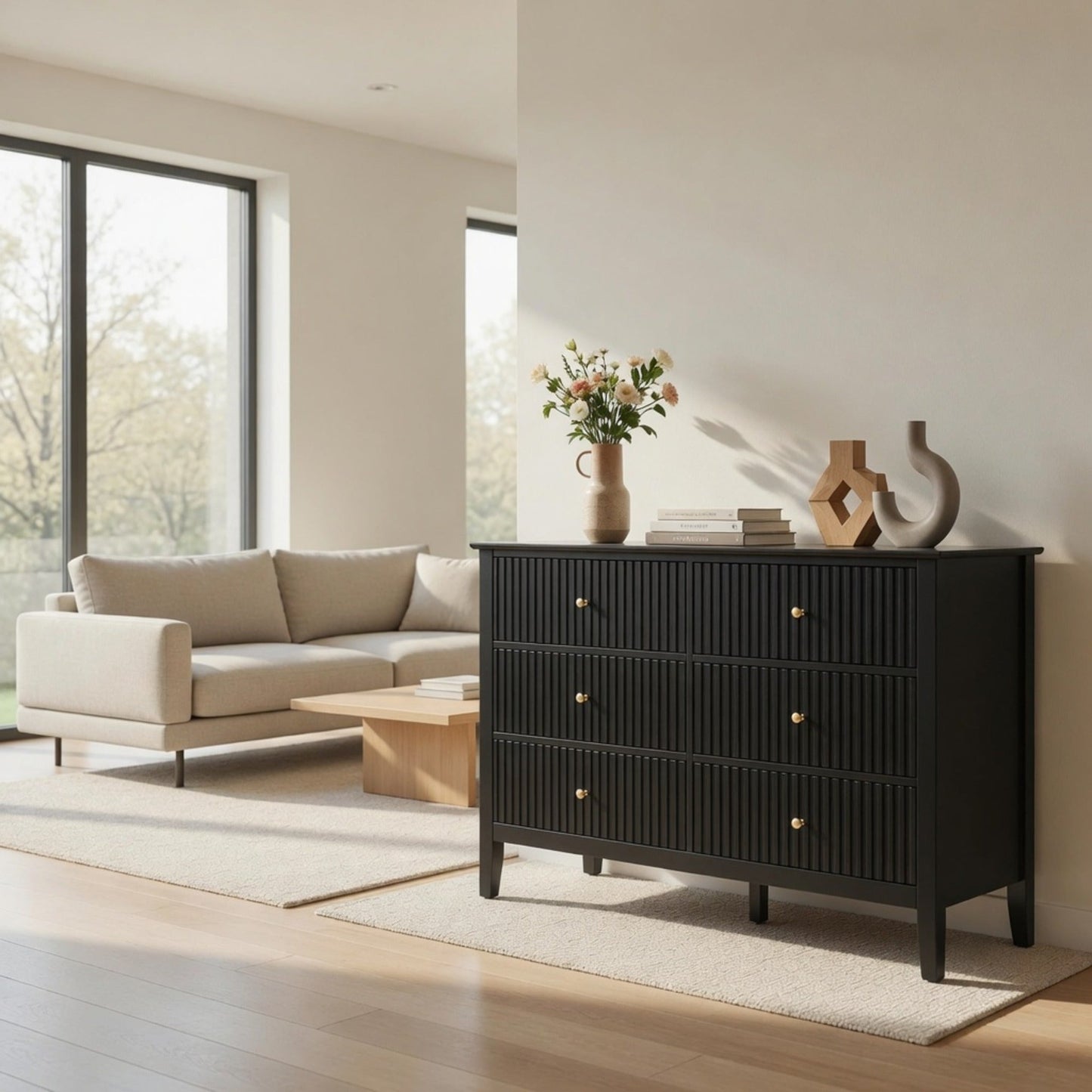 47.2" Wide Black 6-Drawer Fluted Dresser