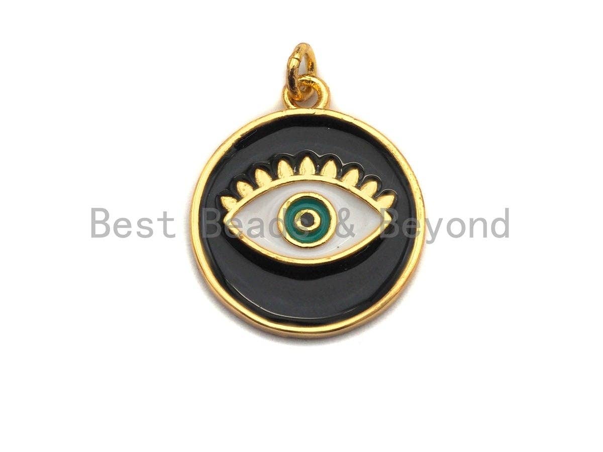 Enamel Round with Evil eye charm, Black White Enamel Pendant, Enamel eye charm, protection eye jewelery, 18x21mm,skuZ406