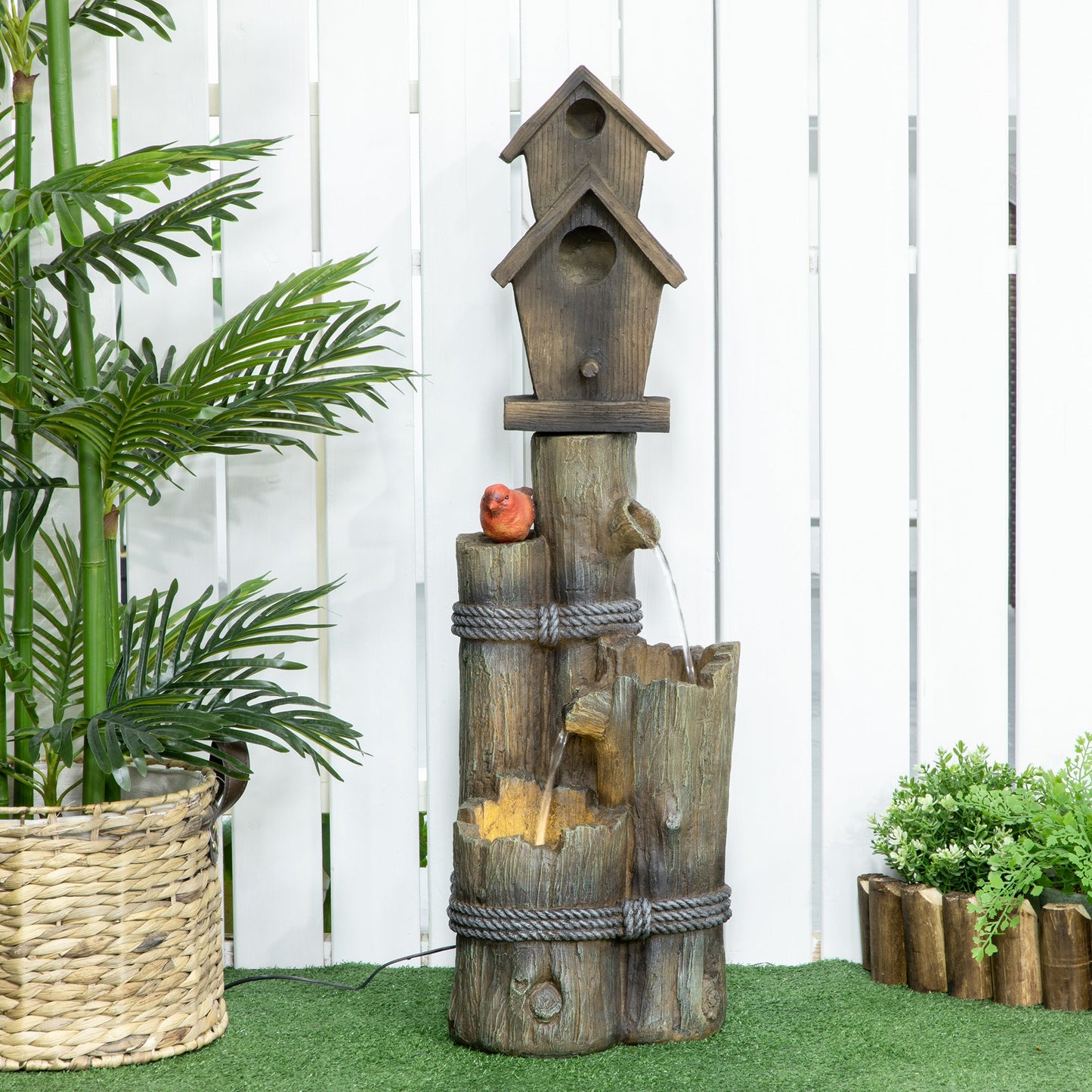 Outsunny Outdoor Fountain with Birdhouse and LED Lights