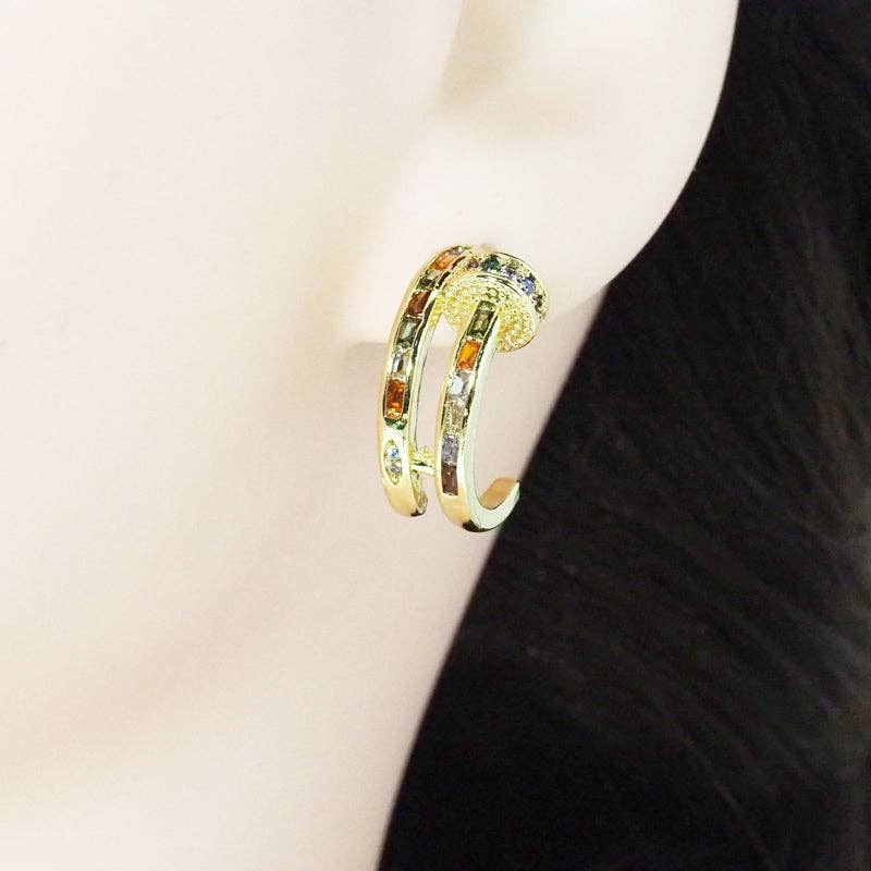 Gold Colorful CZ Arc Stud Earrings, Sku#LK783