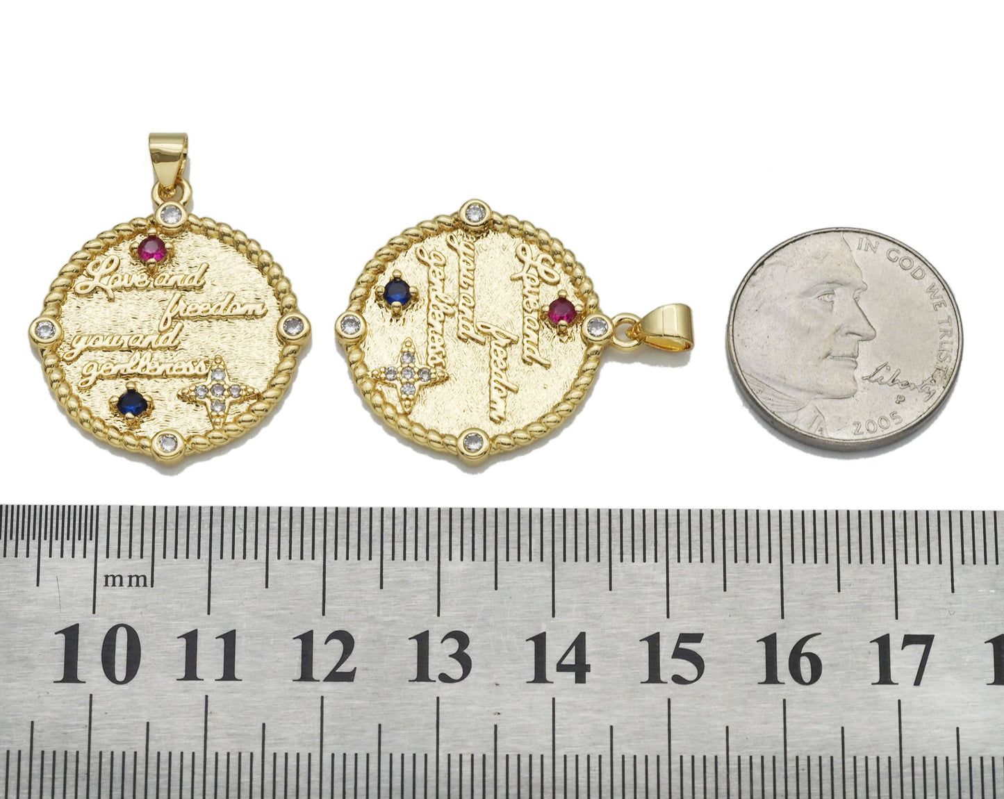 Colorful CZ Love and Freedom  Medallion Charm, Sku#LK754