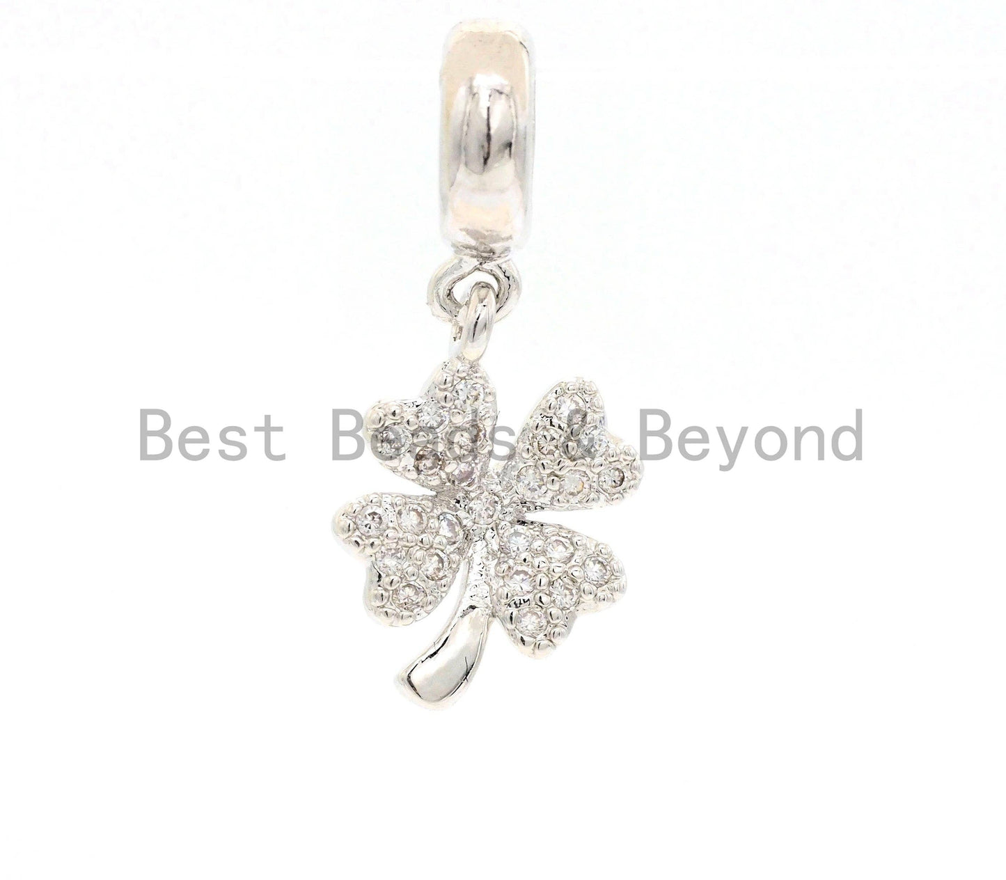 Gold/Silver CZ Micro Pave Lucky Clover Pendant, Big hole Eur