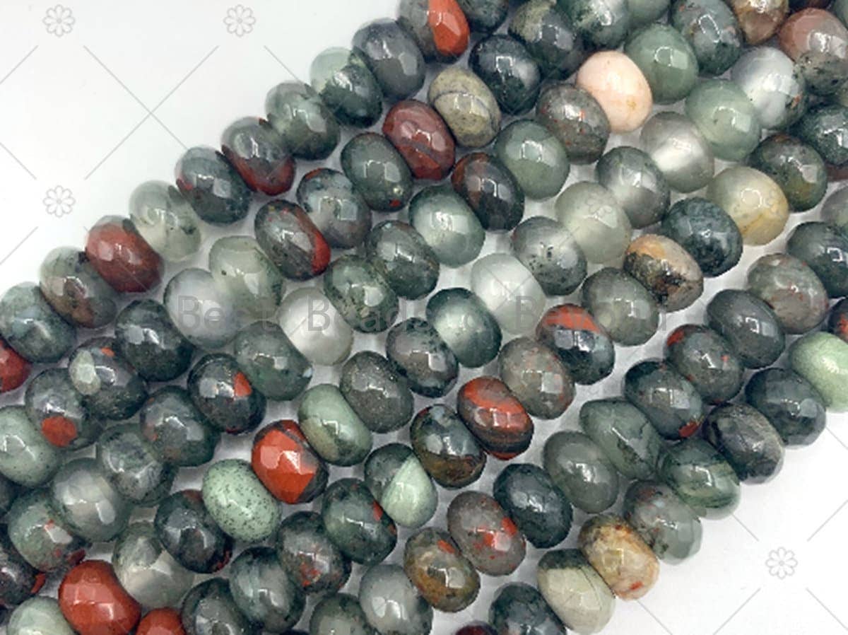 2mm Big Hole Natural African Bloodstone Faceted Beads, 6x10mm Rondelle Faceted Bloodshot Beads, Large Hole Beads, 8'' Full Strand, SKU#U1234