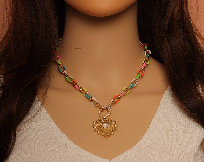Long Oval Link Chain Necklace with Heart Pendant,sku#EF294