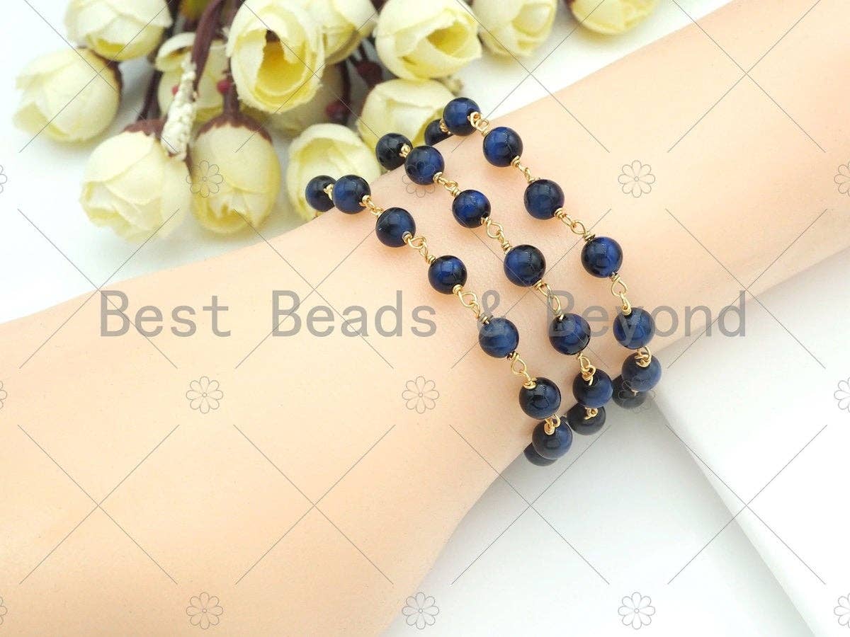 Green/Navy Blue/Teal Blue High Quality Tiger Eye Rosary Chain, 6mm Beaded Chain, Wire Wrapped Gold Chain,Sku#V78