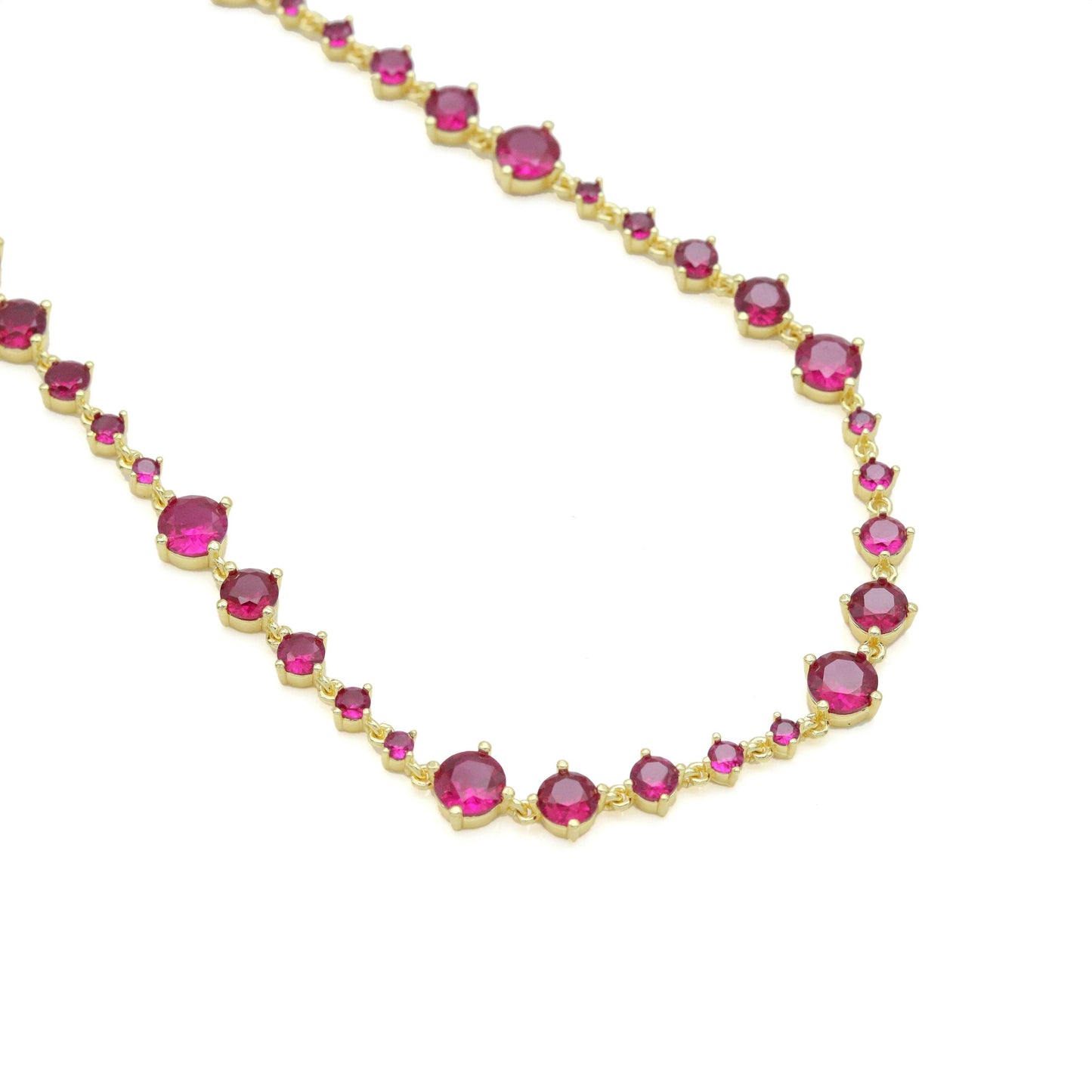 Gold Fichsia Pink Dot CZ Link Chain Necklace, Sku#A351
