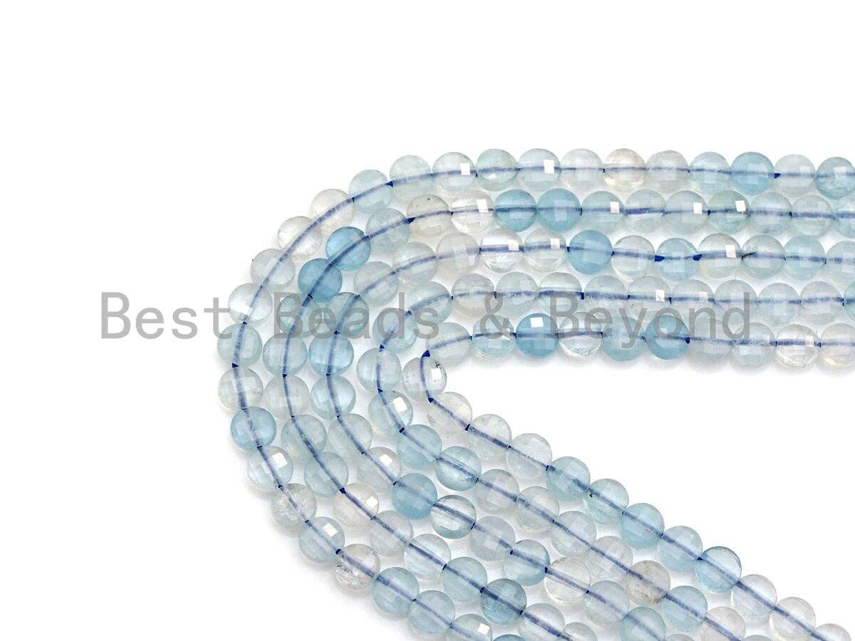 4mm High Quality Natural Aquamarine Faceted Coin Shape beads, Checkboard Cut Aquamarine, 15.5"Full Strand, sku#U791
