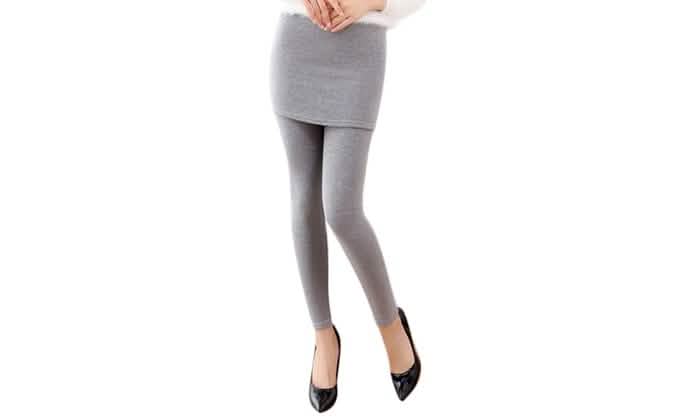Thick Lined Leggings with Attached Skirt - Light Gray