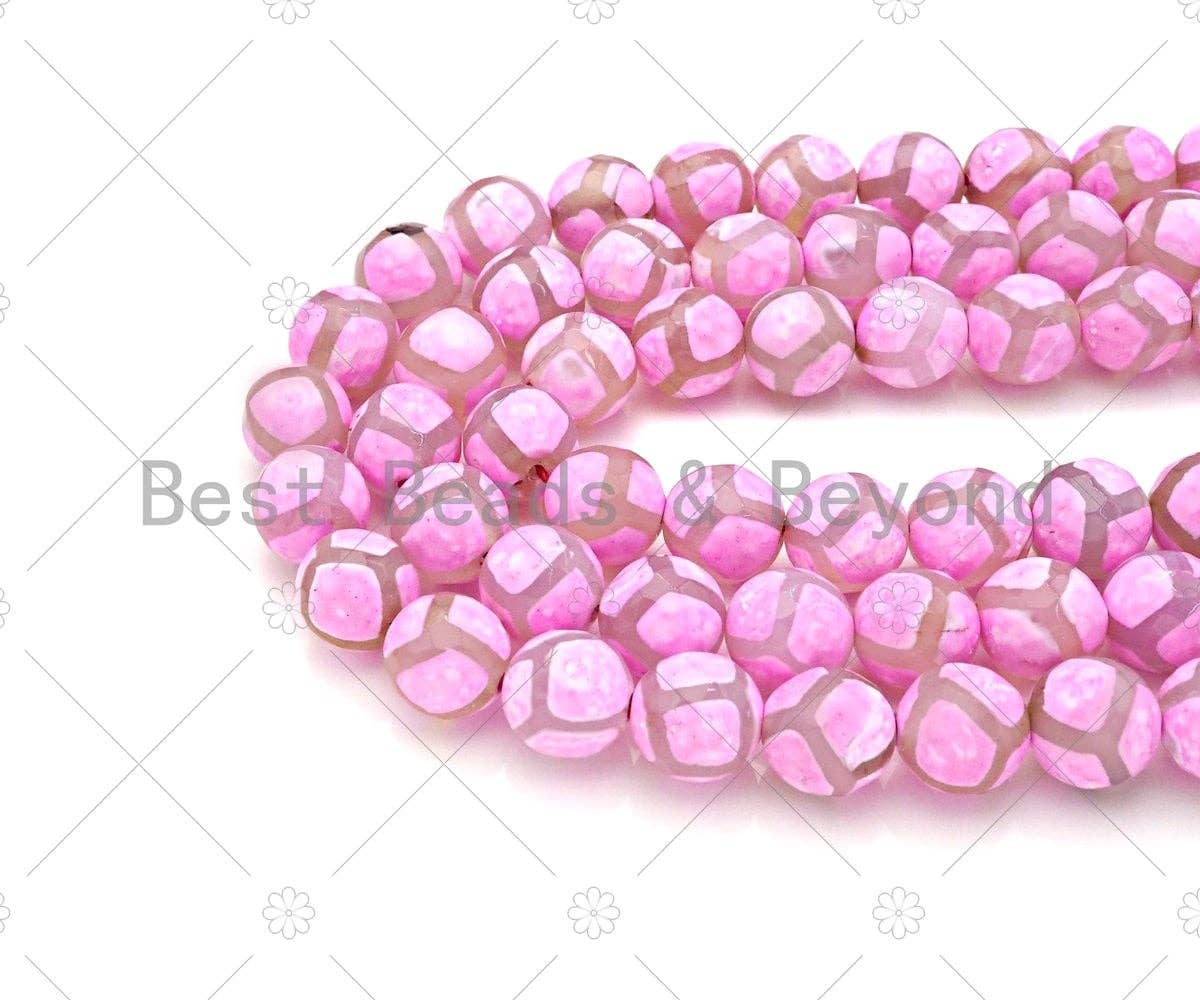 Natural Tibetan Pink Football Agate Beads, Dzi Football Agate Beads, 8mm/10mm/12mm Round Faceted Agate,15.5" Full Strand, Sku#U1114c