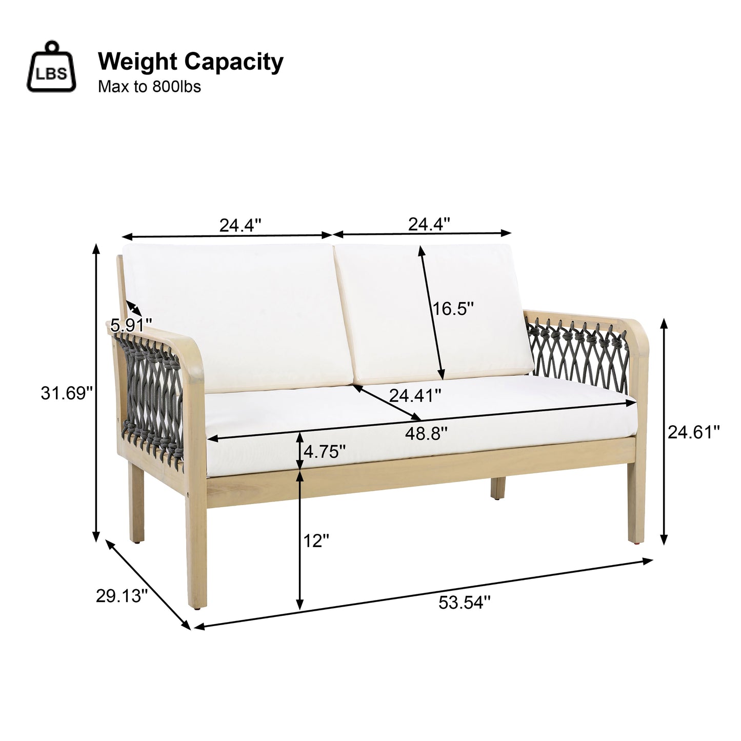 Outdoor Acacia Wood Loveseat & Coffee Table Set with Handwoven Rope