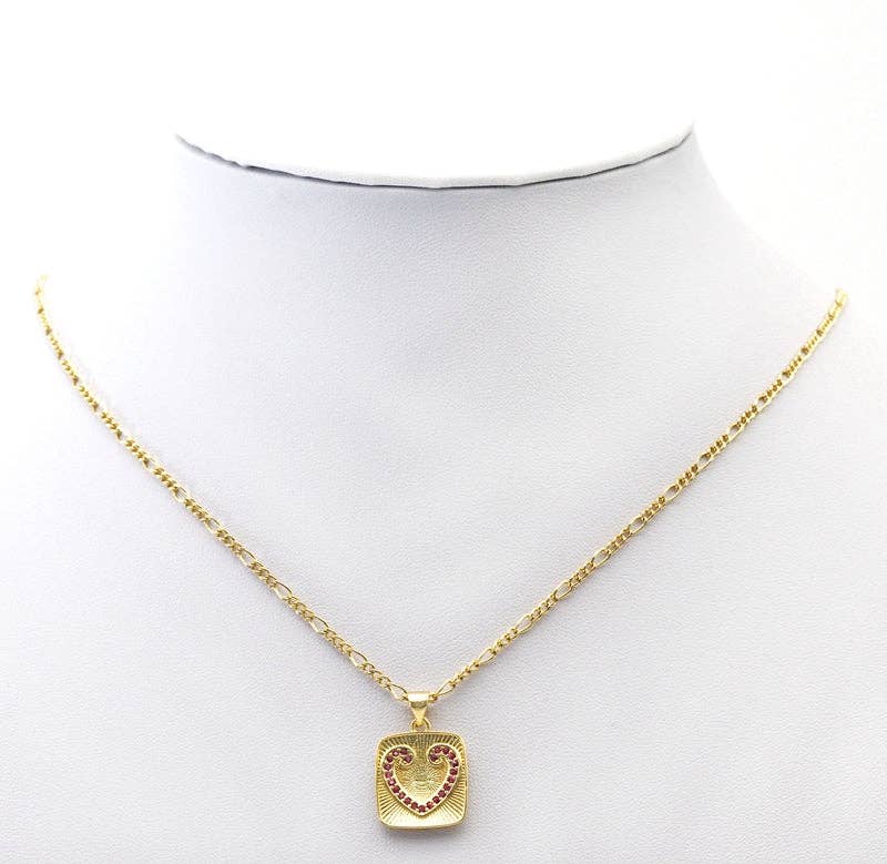 Fuchsia CZ Gold Heart On Square Tag Charm, Sku#LK759
