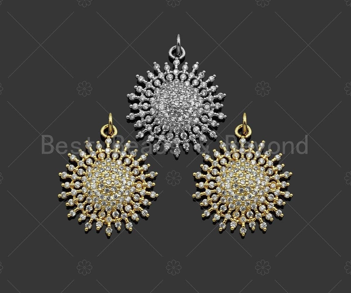 Gold Silver Sunflower Radical Flower Pendant,Cubic Zirconia Silver/Gold Charm, Necklace Bracelet Charm Pendant, 21x24mm, Sku#LK294