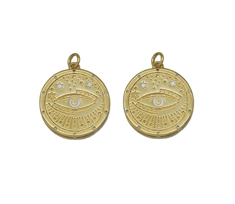 Gold Enamel Evil Eye On Round Coin Charm, Sku#Z1457