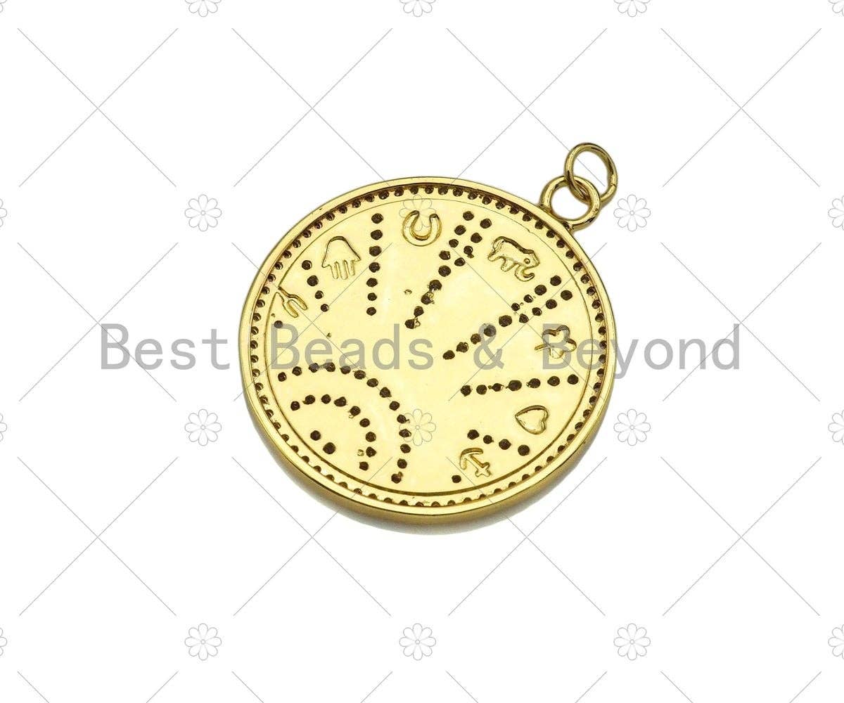 CZ Micro Pave Radiate On Round Coin Pendant/Charm,Cubic Zirconia Star Moon Hand Charm, Necklace Bracelet Charm Pendant,28x32mm, Sku#Y393