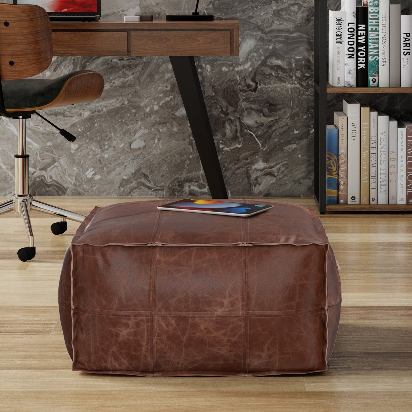 Sheffield 26 Inch Wide Square Coffee Table Pouf in Distressed