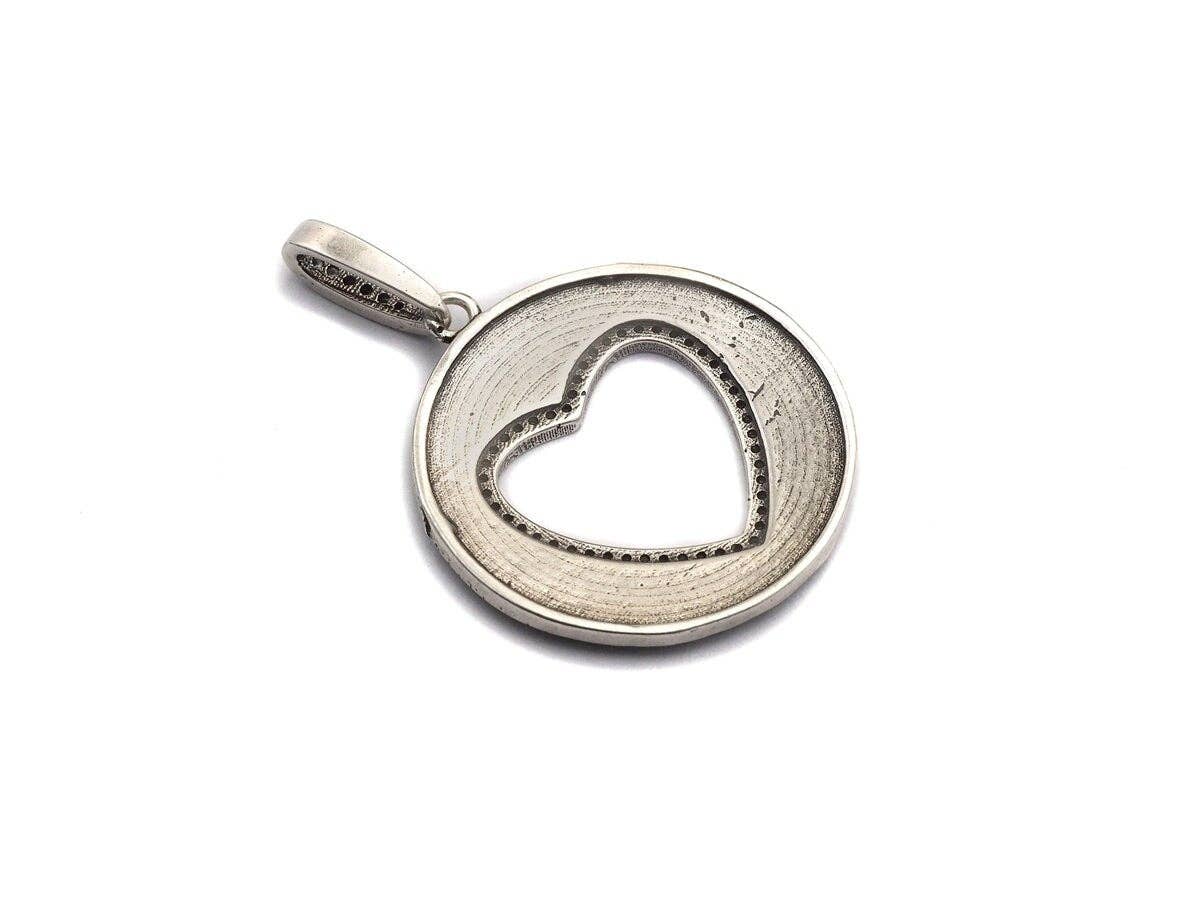 Antique Finish  CZ Micro Pave Hollow Out Heart Pendant, Silver Tone, 28x31mm,sku#F991C