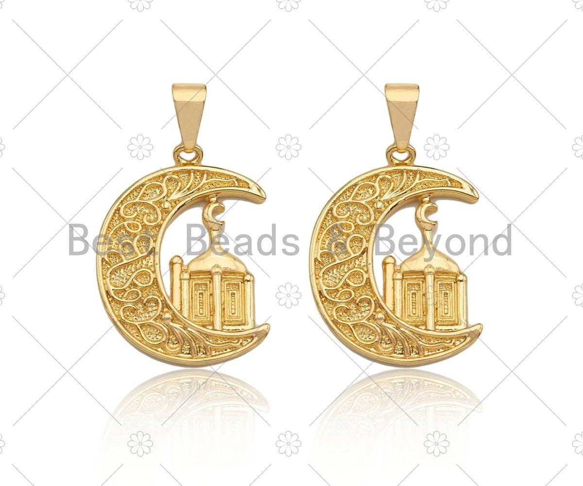CZ Micro Pave Palace On Cresent Moon Shape Pendant/Charm, Sku#F1358C