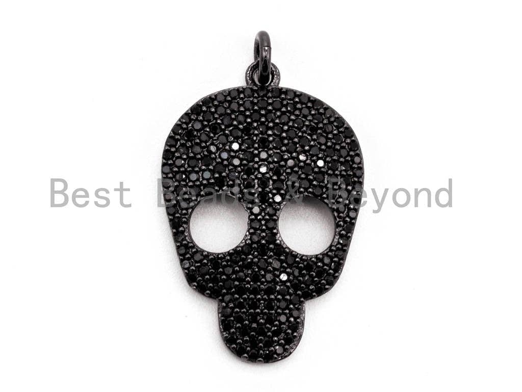 Black CZ Pave On Black Micro Pave Skull Head Charm Beads, Halloween Beads, Cubic Zirconia Pave Skull Charm,Skull Pendant 18x27mm, sku#F381