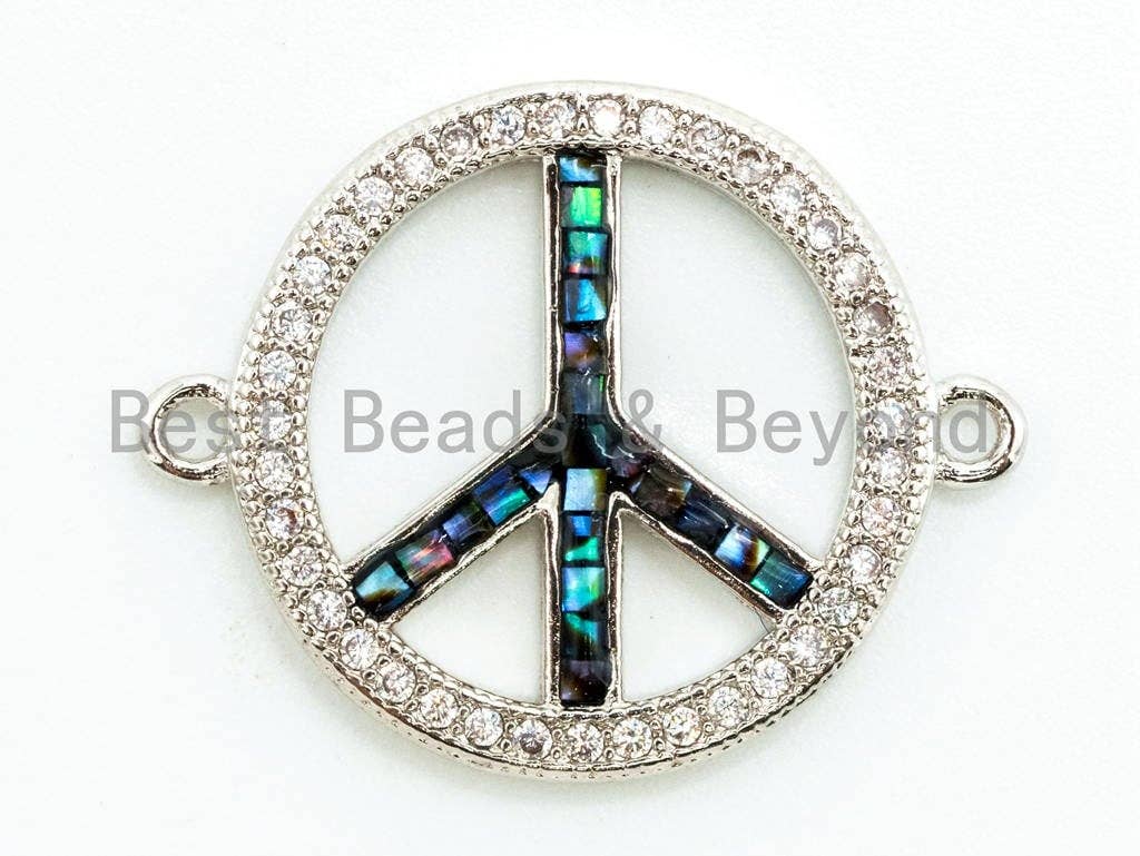 CZ Micro Pave Abalone Peace Sign Connector, 24K Gold Silver Plated, Cubic Zirconia Spacer Connector,Pave Findings, 18x23mm, sku#Z32