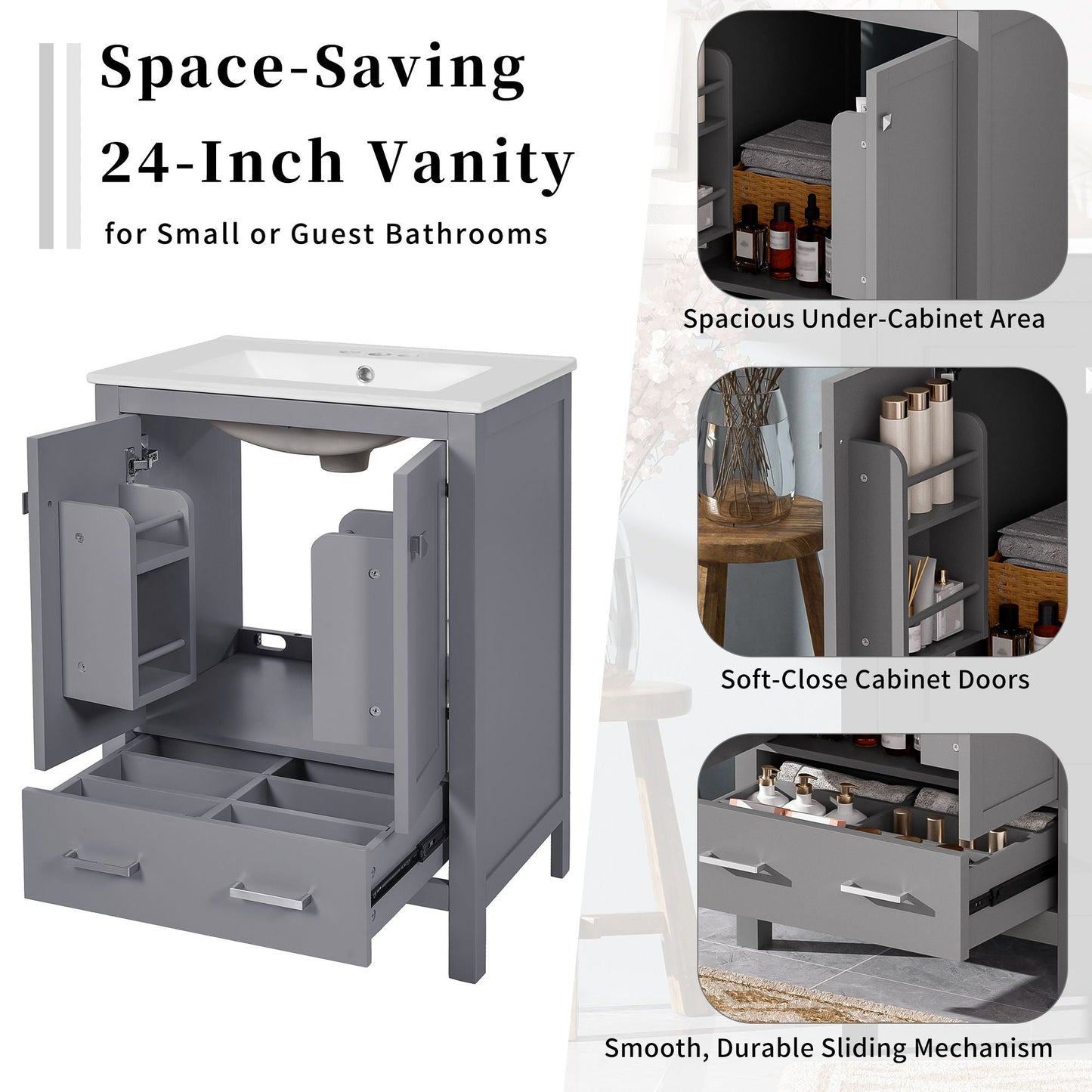 Bathroom Vanity With Integrated Undermount Ceramic Sink, 2 Doors And 1 Drawer, Soft Close Hinges