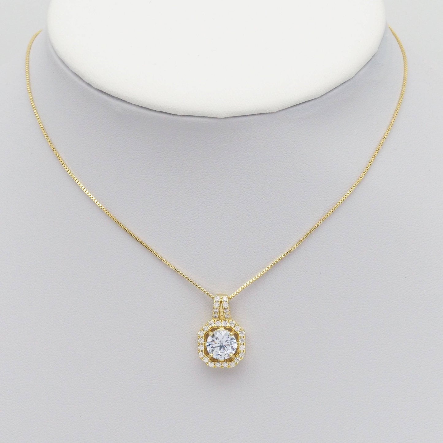 Clear CZ Round Square Gold Stud Earrings Pendant Necklace, Sku#LK904