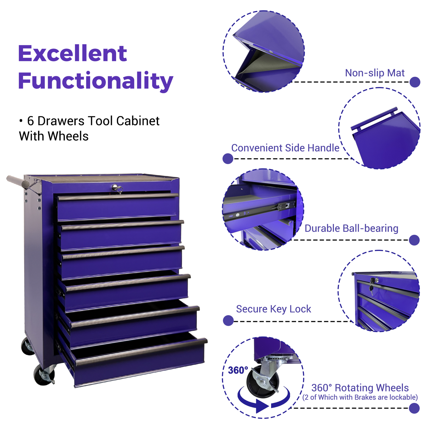 Rolling Metal Tool Chest with 6 Drawers - Purple