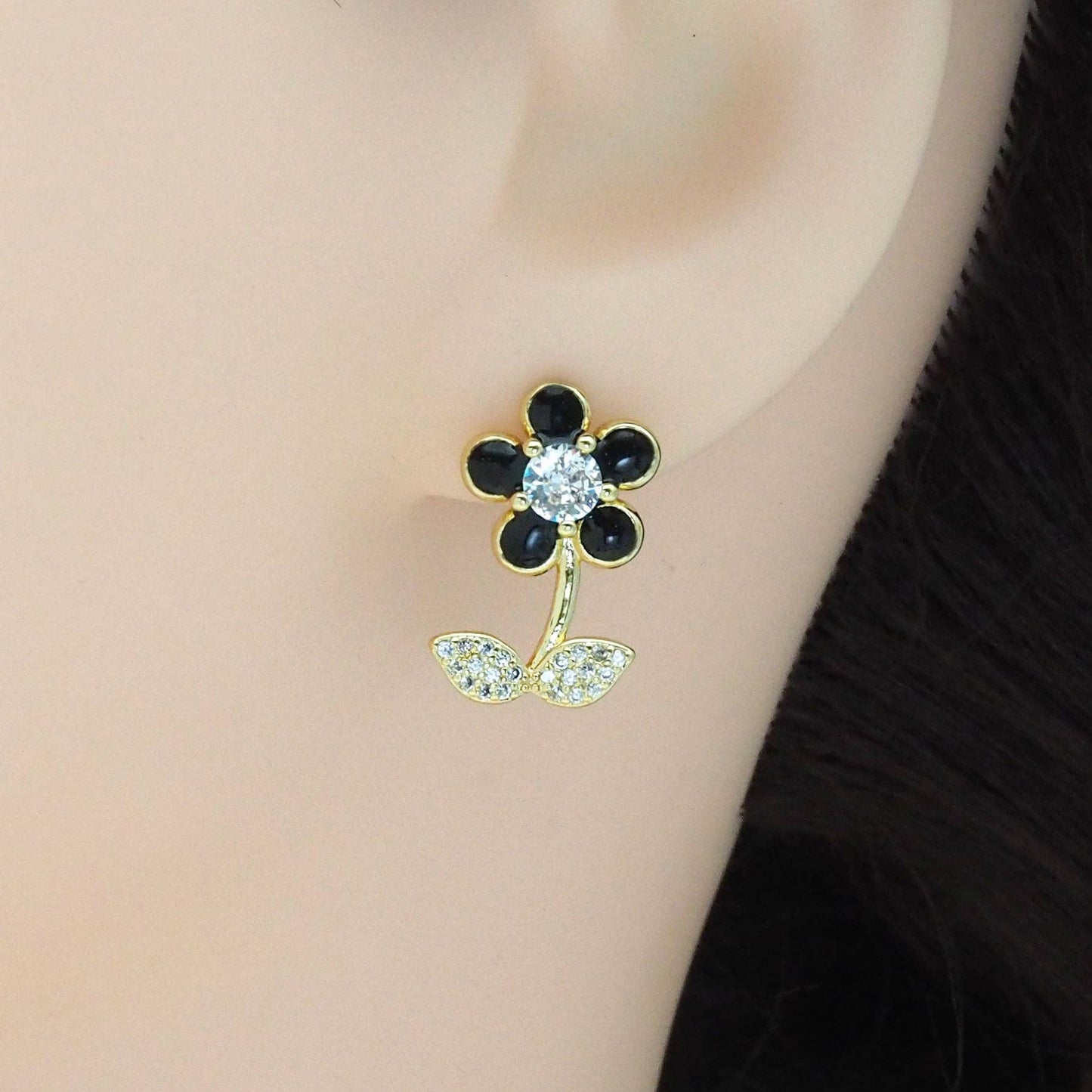 Colorful Enamel CZ Gold Flower Stud Earrings, Sku#LK839
