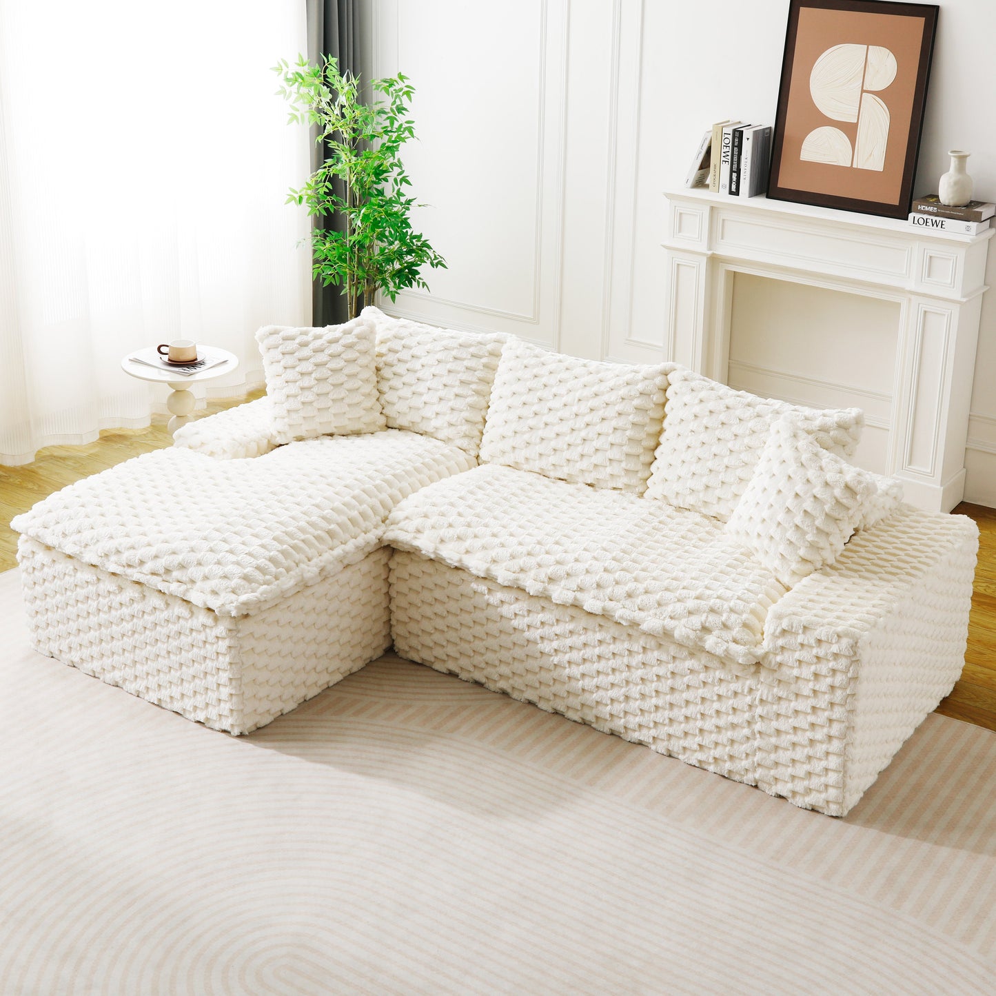 White Turtle Velvet Versatile Sofa: Convertible Twin-Seat with Left Chaise Lounge