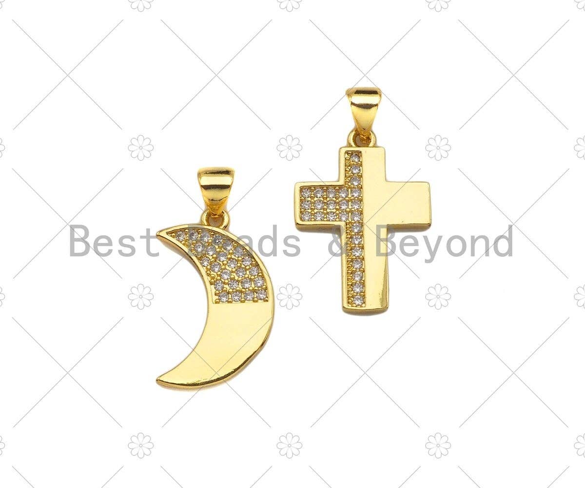 CZ Micro Pave Cresent Moon/Cross Shape Pendant/Charm,Half CZ Medallion Charm, Necklace Bracelet Charm Pendant,13x20/15x21mm, Sku#LK246