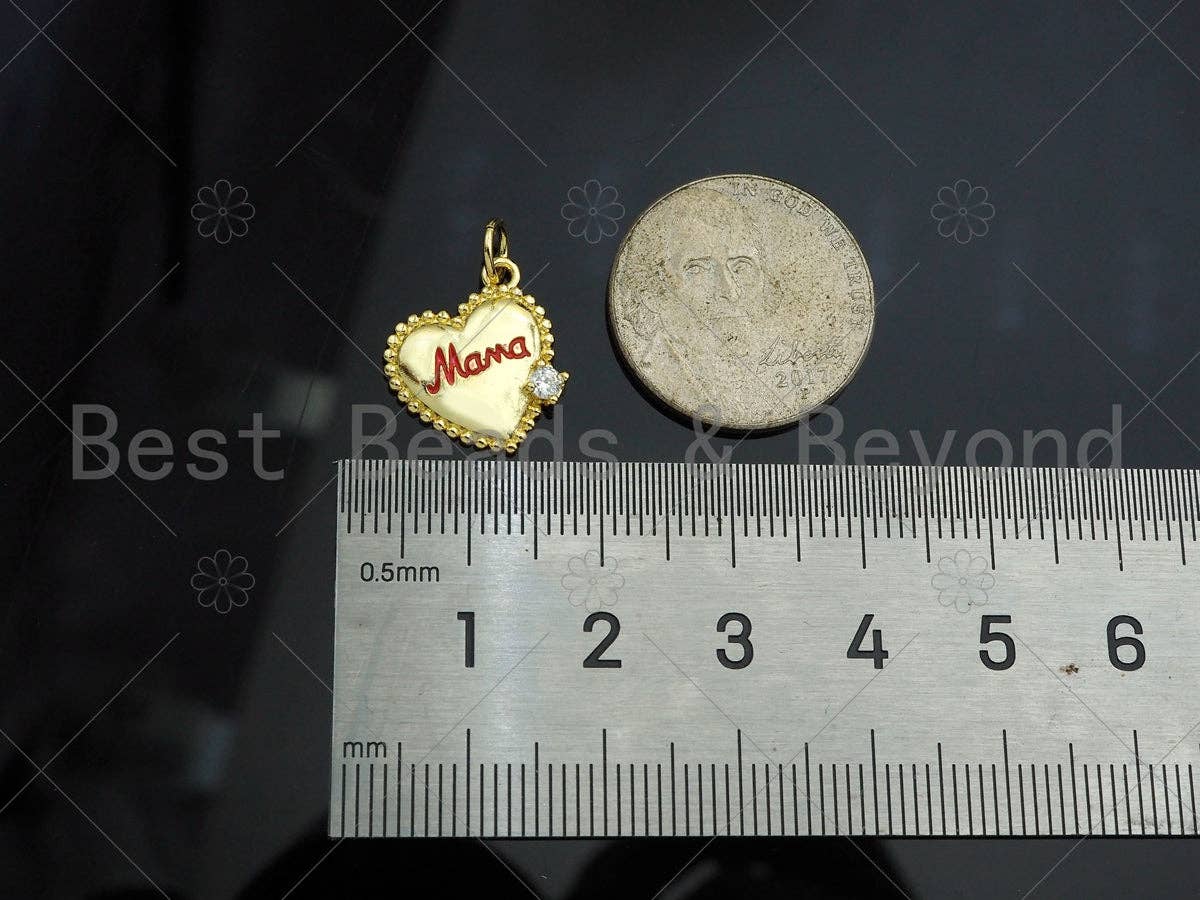 Gold Filled CZ Micro Pave Red Enamel Mama Word On Heart Shape Pendant, 18K Gold Filled Charm, Necklace Bracelet Charm,14x15mm,Sku#LK329