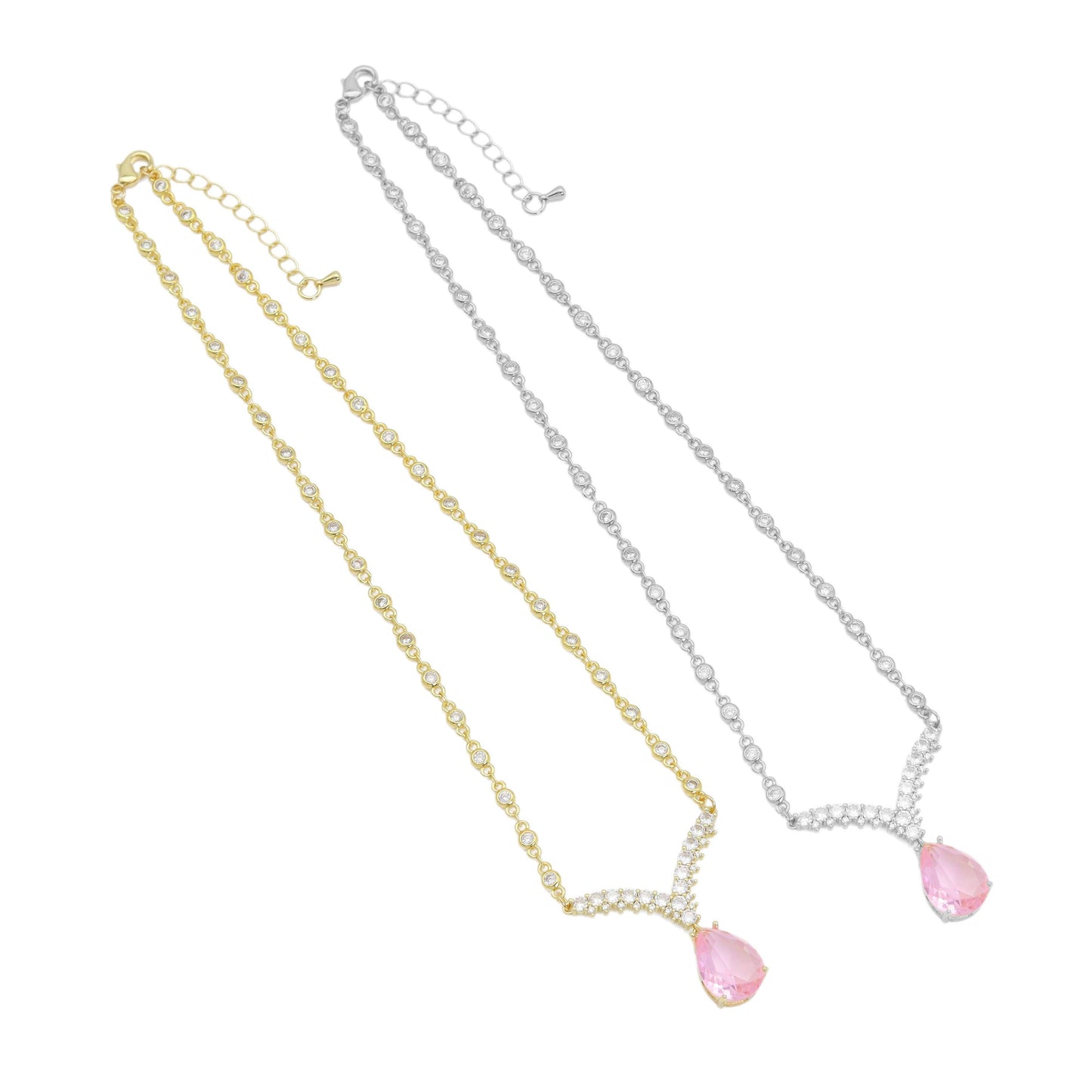 Gold Silver CZ Chain Pink Chevron Point Pendant Necklace, Sku#A184